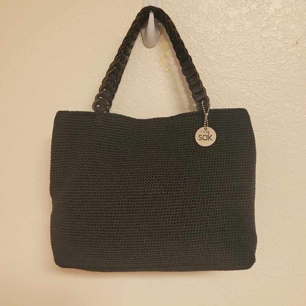 THE SAK Small Braided Leather Straps Black Woven Crochet Boho Handbag